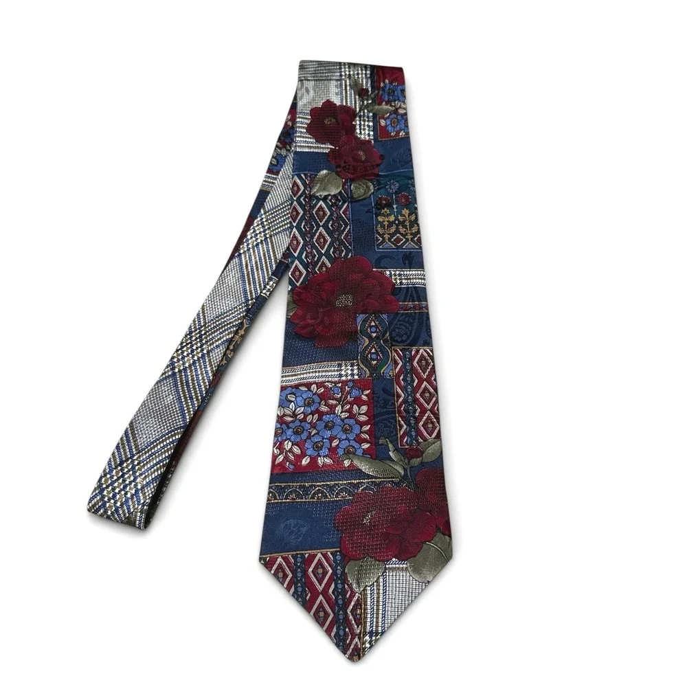Hunt Club Mens Silk Tie Patchwork Floral Geometric Plaid Navy Burgundy Red Gold